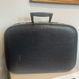 Vintage leather carry on suitcase 60’s style navy blue with cream lining